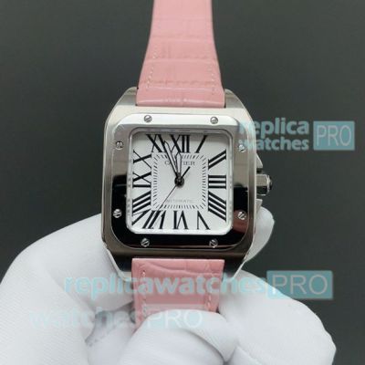 HY Factory Swiss Replica Cartier Santos 100th Anniversary Watch with Pink Leather Strap 